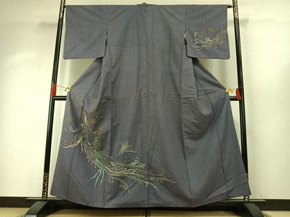 平和屋着物●訪問着　紬地　刺繍　花鳥文　金糸　金彩　正絹　逸品　AABH5132fy