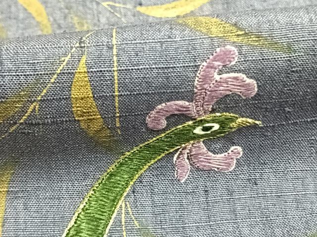平和屋着物●訪問着　紬地　刺繍　花鳥文　金糸　金彩　正絹　逸品　AABH5132fy
