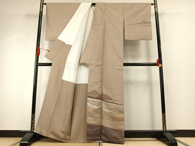 平和屋着物●訪問着　紬地　風景文　正絹　逸品　AABH5133fy
