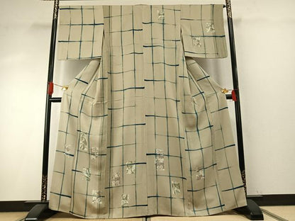 平和屋着物●訪問着　絞り　木葉摺り　格子　色紙舞葉文　正絹　逸品　AABH5145fy