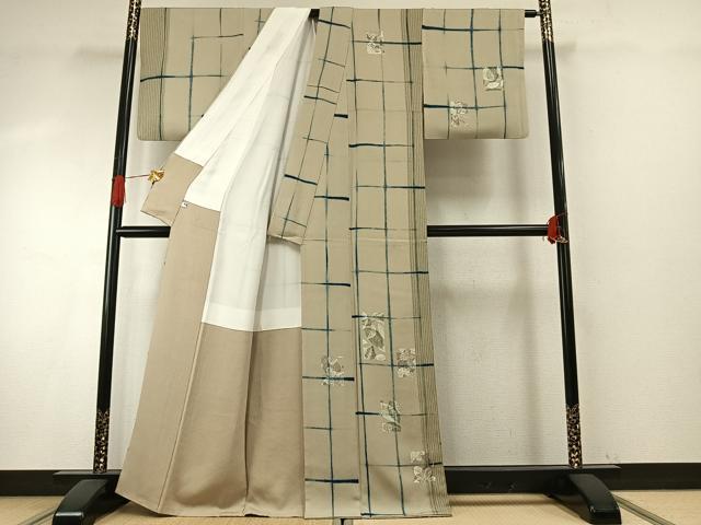 平和屋着物●訪問着　絞り　木葉摺り　格子　色紙舞葉文　正絹　逸品　AABH5145fy