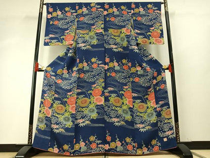 平和屋着物●訪問着　作家物　型染め　流水花文　鬼しぼ縮緬　正絹　逸品　AABH5147fy