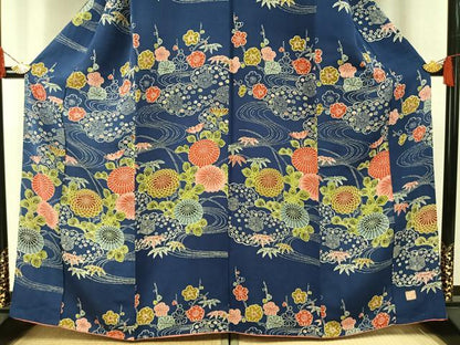 平和屋着物●訪問着　作家物　型染め　流水花文　鬼しぼ縮緬　正絹　逸品　AABH5147fy