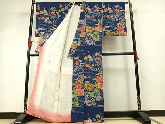 平和屋着物●訪問着　作家物　型染め　流水花文　鬼しぼ縮緬　正絹　逸品　AABH5147fy