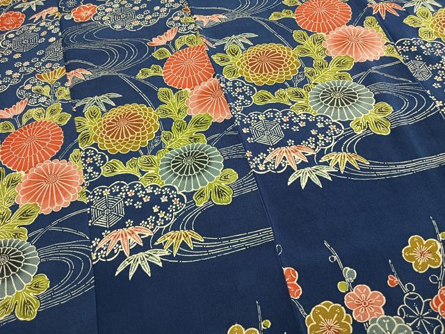 平和屋着物●訪問着　作家物　型染め　流水花文　鬼しぼ縮緬　正絹　逸品　AABH5147fy