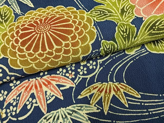 平和屋着物●訪問着　作家物　型染め　流水花文　鬼しぼ縮緬　正絹　逸品　AABH5147fy