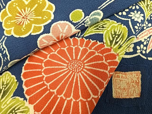 平和屋着物●訪問着　作家物　型染め　流水花文　鬼しぼ縮緬　正絹　逸品　AABH5147fy