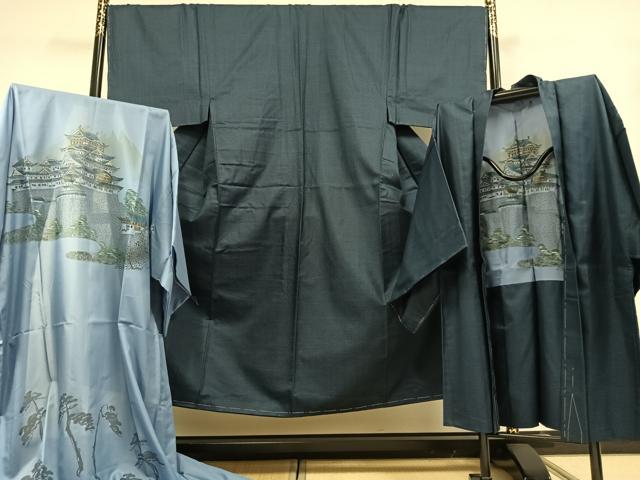 平和屋着物●男性　紬　アンサンブル　長襦袢(無双仕立て)セット　亀甲柄　正絹　逸品　AABH5165fy