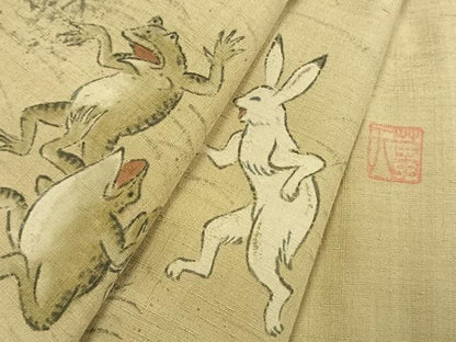 平和屋着物●訪問着　紬地　作家物　手描き　鳥獣戯画　正絹　逸品　AABH5171fy