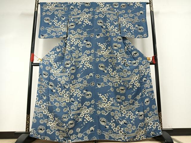 平和屋着物●上質な小紋　本藍　型染め　花鳥文　暈し染め　鬼しぼ縮緬　正絹　逸品　AABH5175fy