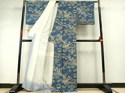 平和屋着物●上質な小紋　本藍　型染め　花鳥文　暈し染め　鬼しぼ縮緬　正絹　逸品　AABH5175fy