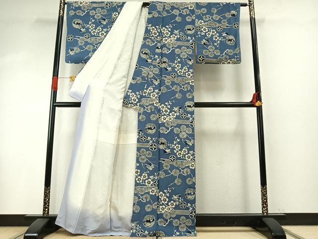 平和屋着物●上質な小紋　本藍　型染め　花鳥文　暈し染め　鬼しぼ縮緬　正絹　逸品　AABH5175fy