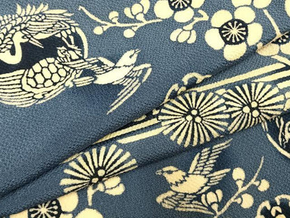 平和屋着物●上質な小紋　本藍　型染め　花鳥文　暈し染め　鬼しぼ縮緬　正絹　逸品　AABH5175fy