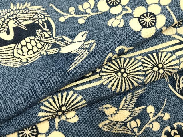 平和屋着物●上質な小紋　本藍　型染め　花鳥文　暈し染め　鬼しぼ縮緬　正絹　逸品　AABH5175fy