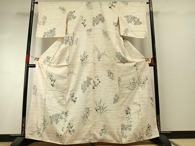 平和屋着物●上質な紬　手描き　草花文　正絹　逸品　AABH5176fy