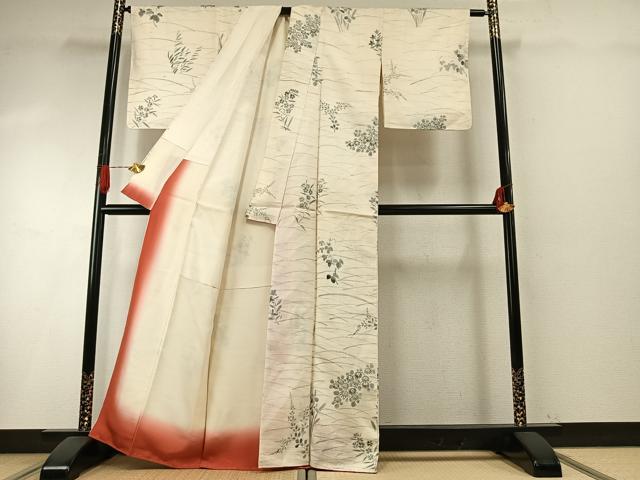 平和屋着物●上質な紬　手描き　草花文　正絹　逸品　AABH5176fy