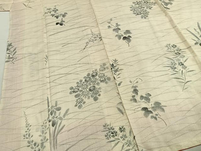 平和屋着物●上質な紬　手描き　草花文　正絹　逸品　AABH5176fy