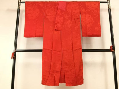 平和屋着物●アンティーク　大正ロマン　長襦袢　無双仕立て　草花地紋　紅緋色　正絹　逸品　AABH5181fy