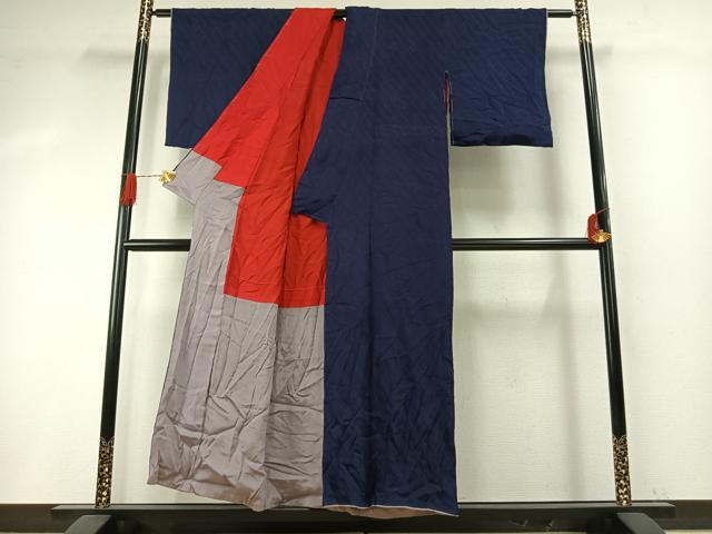平和屋着物●アンティーク　大正ロマン　色無地　草花地紋　濃藍色　正絹　逸品　AABH5183fy