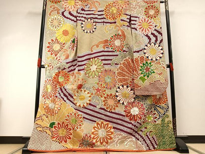 平和屋本店●アンティーク　大正ロマン　振袖　駒刺繍　舞花文　金彩　正絹　逸品　AABH5189fy