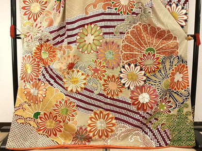 平和屋本店●アンティーク　大正ロマン　振袖　駒刺繍　舞花文　金彩　正絹　逸品　AABH5189fy