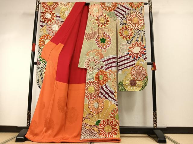 平和屋本店●アンティーク　大正ロマン　振袖　駒刺繍　舞花文　金彩　正絹　逸品　AABH5189fy