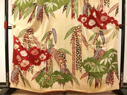 平和屋本店●アンティーク　大正ロマン　振袖　駒刺繍　笹竹雲取り花文　金糸　正絹　逸品　AABH5191fy