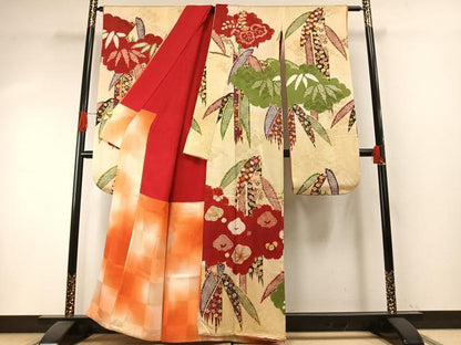 平和屋本店●アンティーク　大正ロマン　振袖　駒刺繍　笹竹雲取り花文　金糸　正絹　逸品　AABH5191fy