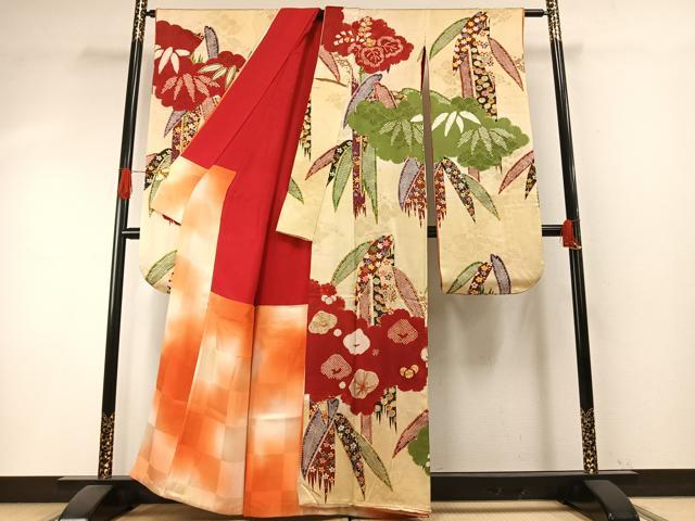 平和屋本店●アンティーク　大正ロマン　振袖　駒刺繍　笹竹雲取り花文　金糸　正絹　逸品　AABH5191fy