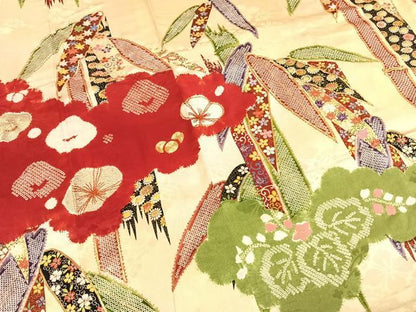 平和屋本店●アンティーク　大正ロマン　振袖　駒刺繍　笹竹雲取り花文　金糸　正絹　逸品　AABH5191fy