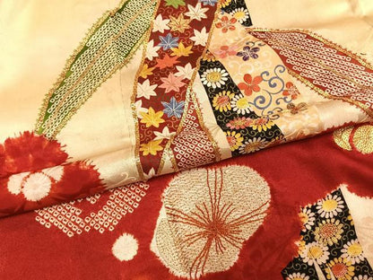 平和屋本店●アンティーク　大正ロマン　振袖　駒刺繍　笹竹雲取り花文　金糸　正絹　逸品　AABH5191fy