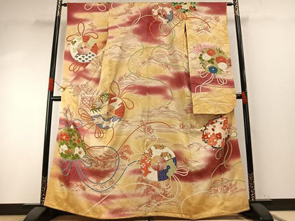 平和屋本店●アンティーク　大正ロマン　振袖　駒刺繍　草花文　暈し染め　正絹　逸品　AABH5192fy