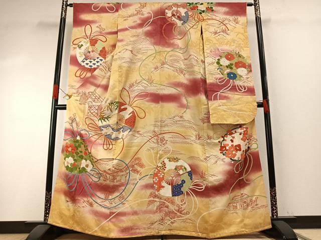 平和屋本店●アンティーク　大正ロマン　振袖　駒刺繍　草花文　暈し染め　正絹　逸品　AABH5192fy