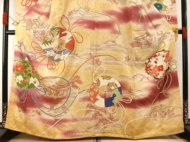 平和屋本店●アンティーク　大正ロマン　振袖　駒刺繍　草花文　暈し染め　正絹　逸品　AABH5192fy