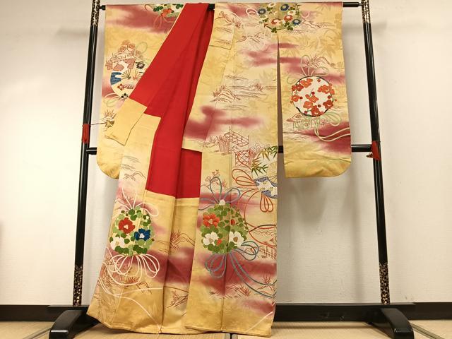 平和屋本店●アンティーク　大正ロマン　振袖　駒刺繍　草花文　暈し染め　正絹　逸品　AABH5192fy