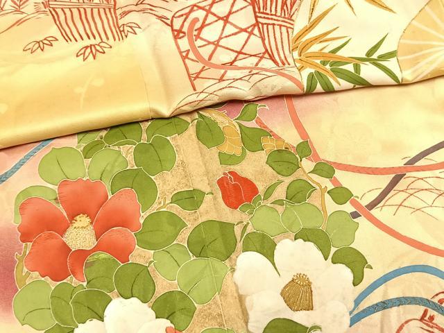 平和屋本店●アンティーク　大正ロマン　振袖　駒刺繍　草花文　暈し染め　正絹　逸品　AABH5192fy