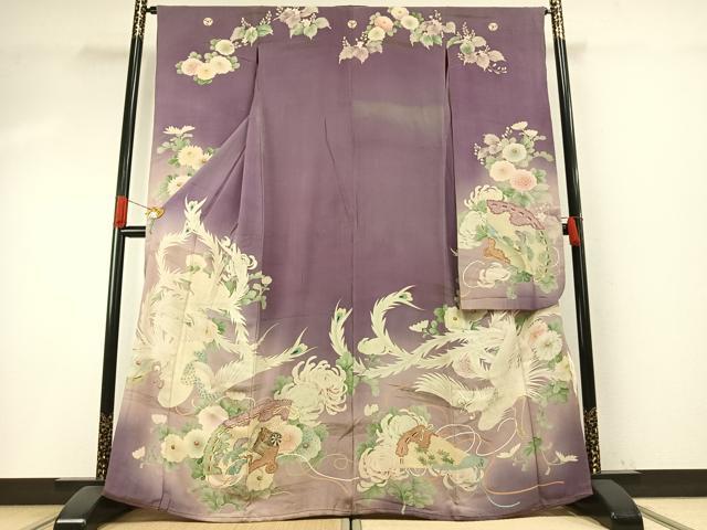 平和屋本店●アンティーク　大正ロマン　振袖　刺繍　扇面花鳥文　暈し染め　金糸　金彩　正絹　逸品　AABH5193fy