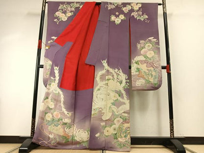 平和屋本店●アンティーク　大正ロマン　振袖　刺繍　扇面花鳥文　暈し染め　金糸　金彩　正絹　逸品　AABH5193fy