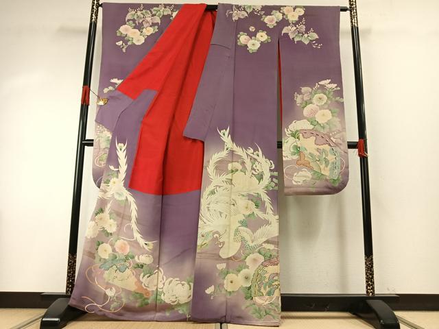 平和屋本店●アンティーク　大正ロマン　振袖　刺繍　扇面花鳥文　暈し染め　金糸　金彩　正絹　逸品　AABH5193fy