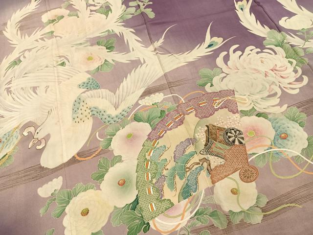平和屋本店●アンティーク　大正ロマン　振袖　刺繍　扇面花鳥文　暈し染め　金糸　金彩　正絹　逸品　AABH5193fy