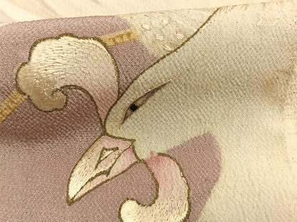 平和屋本店●アンティーク　大正ロマン　振袖　刺繍　扇面花鳥文　暈し染め　金糸　金彩　正絹　逸品　AABH5193fy
