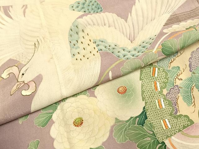 平和屋本店●アンティーク　大正ロマン　振袖　刺繍　扇面花鳥文　暈し染め　金糸　金彩　正絹　逸品　AABH5193fy