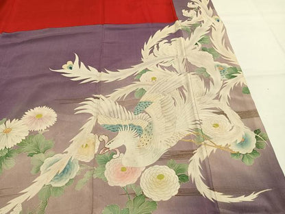 平和屋本店●アンティーク　大正ロマン　振袖　刺繍　扇面花鳥文　暈し染め　金糸　金彩　正絹　逸品　AABH5193fy