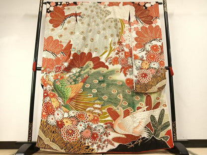 平和屋本店●アンティーク　大正ロマン　振袖　駒刺繍　孔雀花文　暈し染め　金糸　金彩　正絹　逸品　AABH5194fy