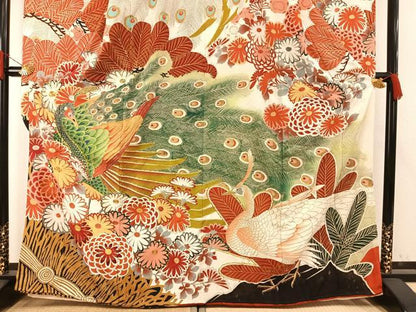 平和屋本店●アンティーク　大正ロマン　振袖　駒刺繍　孔雀花文　暈し染め　金糸　金彩　正絹　逸品　AABH5194fy