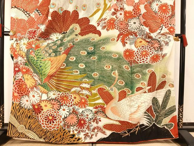平和屋本店●アンティーク　大正ロマン　振袖　駒刺繍　孔雀花文　暈し染め　金糸　金彩　正絹　逸品　AABH5194fy
