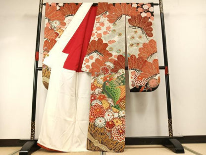 平和屋本店●アンティーク　大正ロマン　振袖　駒刺繍　孔雀花文　暈し染め　金糸　金彩　正絹　逸品　AABH5194fy