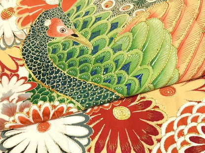 平和屋本店●アンティーク　大正ロマン　振袖　駒刺繍　孔雀花文　暈し染め　金糸　金彩　正絹　逸品　AABH5194fy