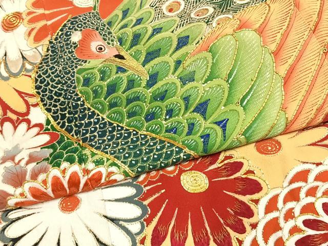 平和屋本店●アンティーク　大正ロマン　振袖　駒刺繍　孔雀花文　暈し染め　金糸　金彩　正絹　逸品　AABH5194fy
