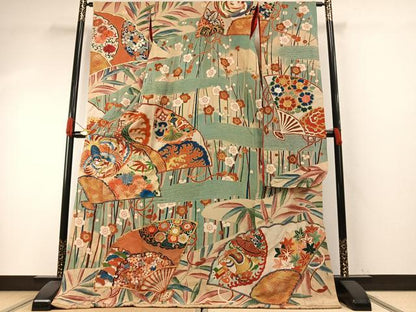 平和屋本店●アンティーク　大正ロマン　振袖　駒刺繍　扇面花文　金糸　金銀彩　正絹　逸品　AABH5195fy